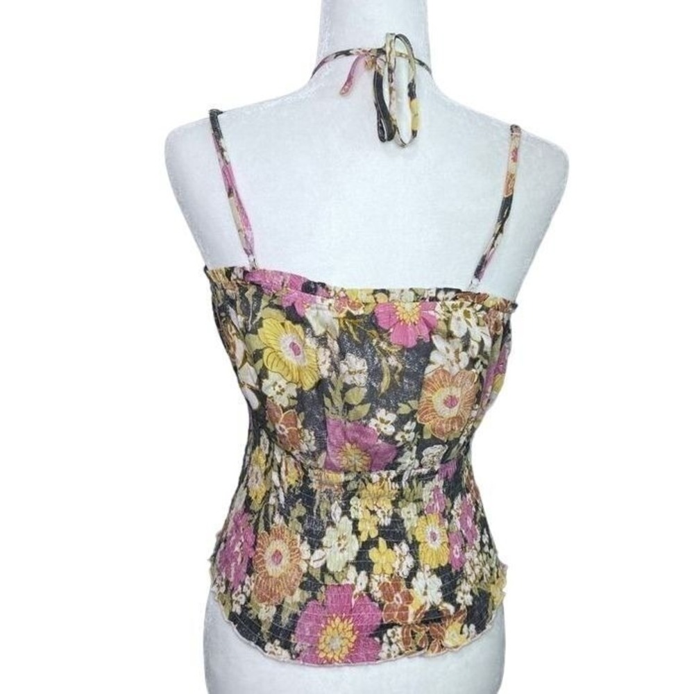 Mystree Floral Smocked Halter Top Romantic Summer Cami Pink Yellow Black - Picture 3 of 5